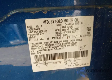 2020 Ford Edge Sel from USA, damaged, VIN 2FMPK4J90LBA44673